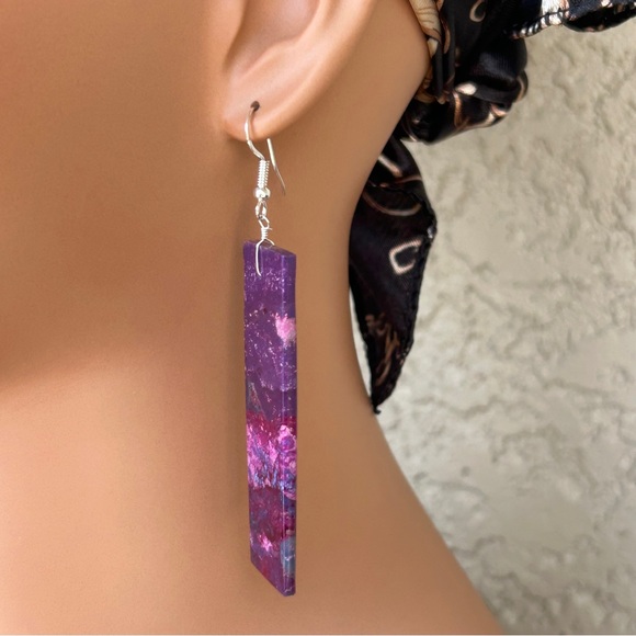 Navajo Crafted Purple Mojave Slab Dangle Earrings - Picture 11 of 15